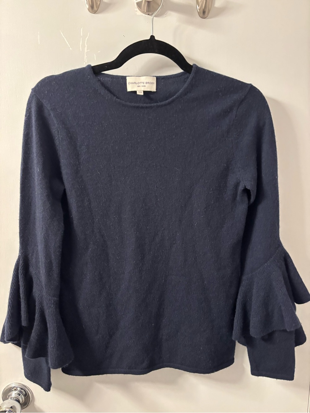 Charlotte Brody Navy Ruffle Sleeve Crewneck Cashmere Sweater XS
